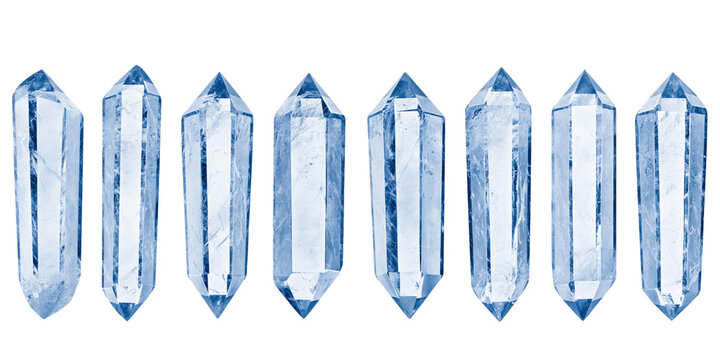 Set of blue translucent quartz crystals with sharp facets isolated on transparent background PNG element
