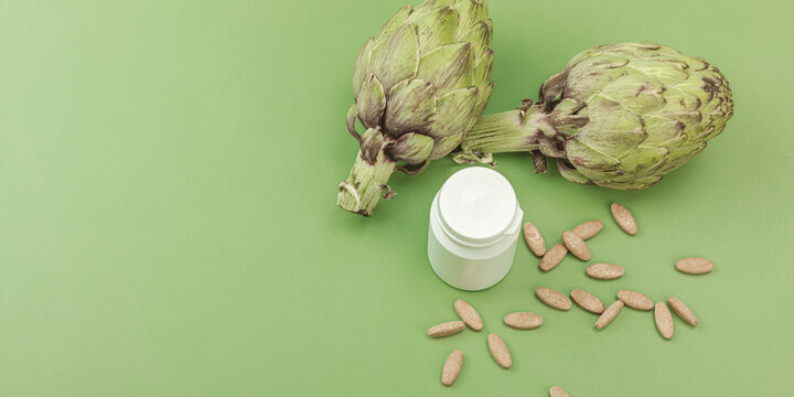 Dietary supplements Artichoke leaf extract capsules. Alternative medicine, herbal lifestyle