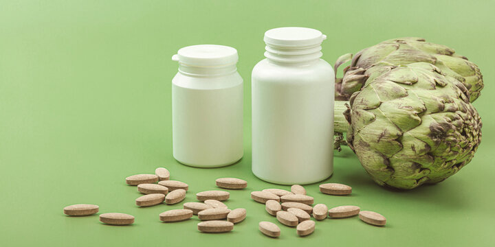 Dietary supplements Artichoke leaf extract capsules. Alternative medicine, herbal lifestyle