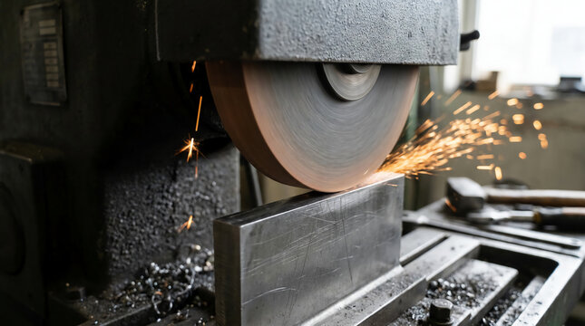 A grinding machine sharpens a metal piece, producing bright sparks in an industrial workshop setting.