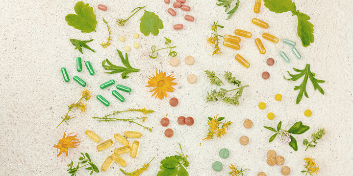 Plant based supplements, natural vitamins, fresh herbs and flowers. Organic ingredients medication