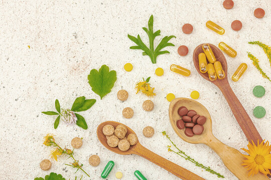 Plant based supplements, natural vitamins, fresh herbs and flowers. Organic ingredients medication