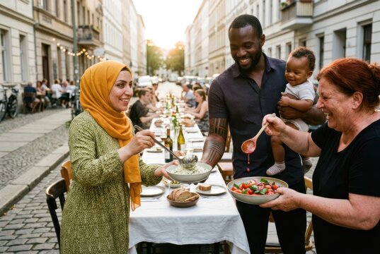 Community Dinner on a Street with Diverse Friends and Family