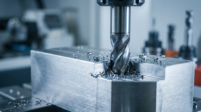 CNC milling machine cutting a metal block, producing shiny metal shavings in a precision industrial workshop.
