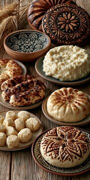 A variety of traditional Polish mountain cheeses, including oscypek, bundz, and korbacze, arranged on simple plates on a rustic light wooden table.