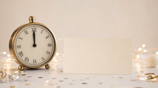 Vintage alarm clock showing midnight with festive lights and blank card for text.