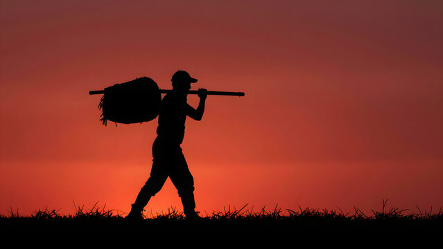 Farmer Carrying Harvest Bundle at Sunset Silhouette