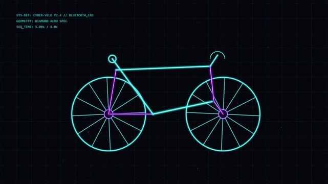 Futuristic Neon Bicycle CAD Blueprint Animation With Detailed Wheels
