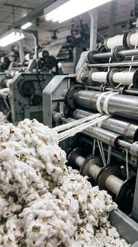 Industrial textile factory machinery with spinning metal rollers processing raw white cotton fibers in a mill