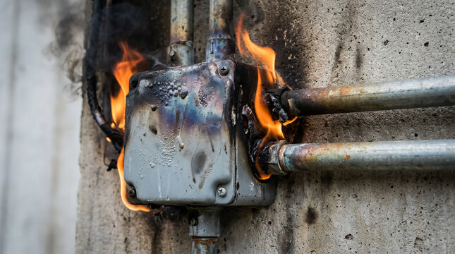 An electrical junction box on a concrete wall is engulfed in flames, with visible burn marks and smoke damage around it.
