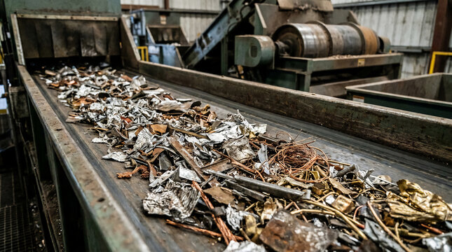 Industrial conveyor belt transporting scrap metal and debris inside a recycling or manufacturing facility.