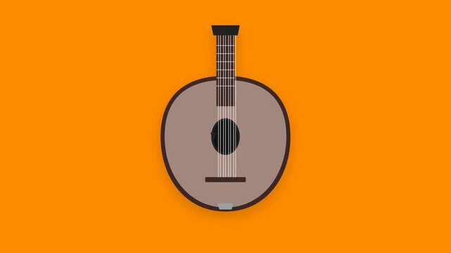Traditional Mandolin Musical Instrument Picking Animation with Vibrating Strings on Vibrant Solid Orange Background