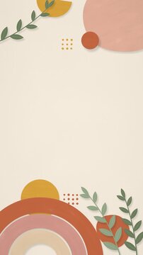 Boho vertical video background of cut paper shapes painted in gouache, terracotta rainbow arch, rising sun and sage leaves, copy space, seamless loop