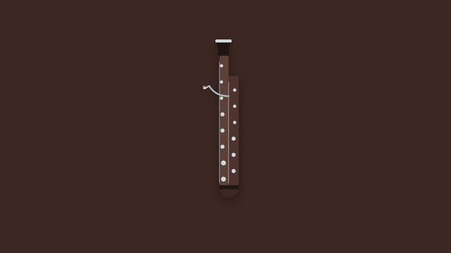 Woodwind Bassoon Musical Instrument with Animated Silver Key Mechanisms and Metal Bocal on Solid Brown Background