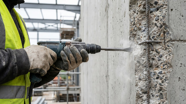 Worker using a power drill to bore into a concrete wall at a construction site, wearing gloves and a high-visibility vest.