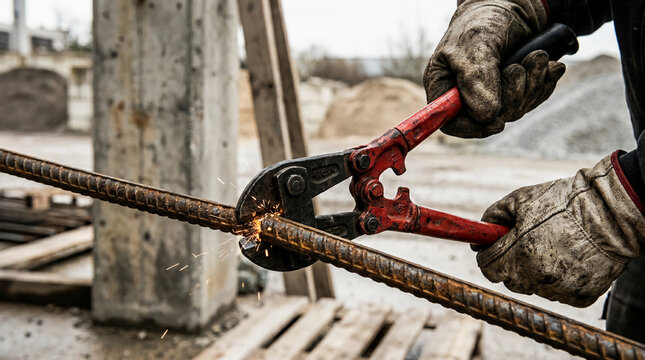 Worker with gloves cutting rusted steel rebar with red bolt cutters at a construction site, sparks flying.