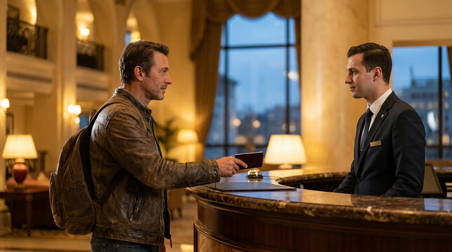 A man in a leather jacket hands his passport to a hotel receptionist at a luxurious lobby desk during nighttime.