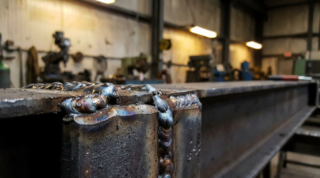 Close-up of a metal welding seam on a steel beam in an industrial workshop with blurred machinery and tools in the background.