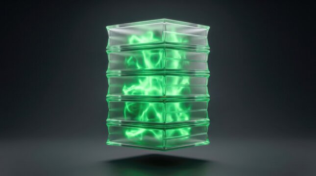 Glowing green energy stack in translucent glass 3D render