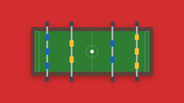 Foosball Table Soccer Game with Spinning Blue and Yellow Players on Red Background