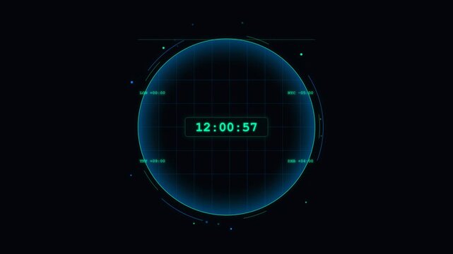 Digital World Clock Interface with Rotating Globe and Global Time Zones in Blue and Green