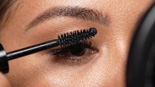 Woman applying mascara to her eyelashes in a close-up beauty routine. Eye makeup application and cosmetic grooming.