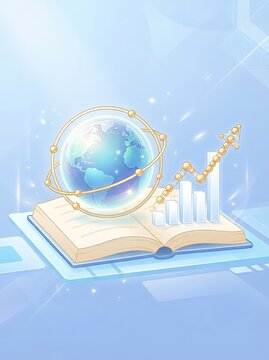 Digital of a glowing globe with orbital rings and bar charts over an open book background, digital globe