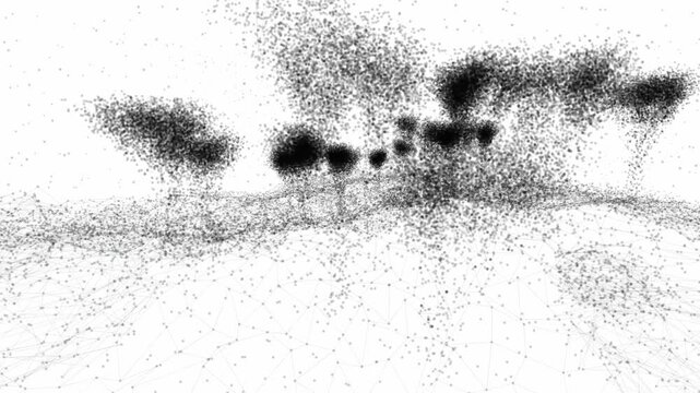 Monochrome point cloud trees and wireframe mesh terrain disperse digital particles across a bright white background in a 3D animation