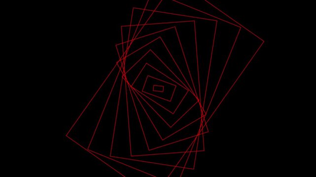 Dynamic red radio wave visualization with rotating rectangular signal frames forming a dramatic futuristic geometric pattern against a black