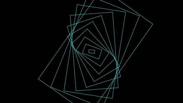 Dynamic cyan radio wave visualization with rotating nested rectangular frames creating a futuristic geometric signal pattern on black.