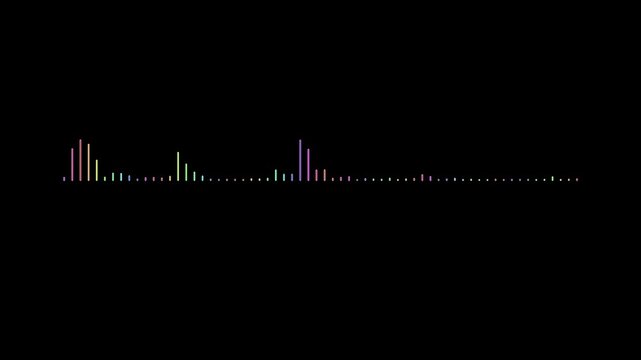 Colorful audio spectrum visualization featuring multicolored vertical frequency bars with varied amplitudes arranged across a minimalist black background.