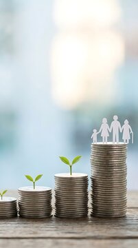 Stack of coins with growing green plant sprouts and paper cutout family figures on a wooden table surface