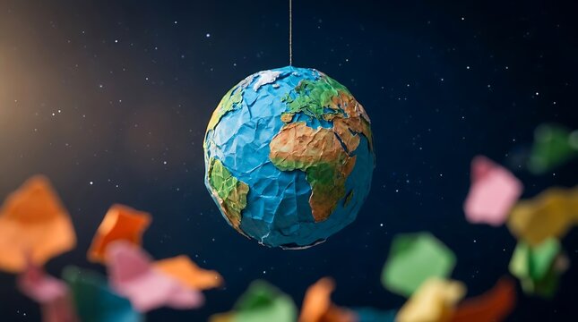 Earth globe made of crumpled paper hanging with a string against a dark background, with floating colorful paper