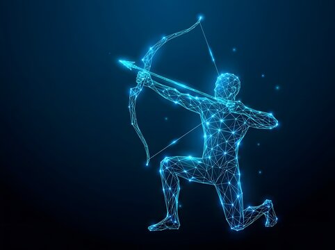 Glowing blue digital wireframe archer aiming a bow and arrow