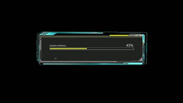 futuristic hud screen loading progress data bar, reaching 100 percent, database loading sci-fi interface overlay, on black background composite 4k.