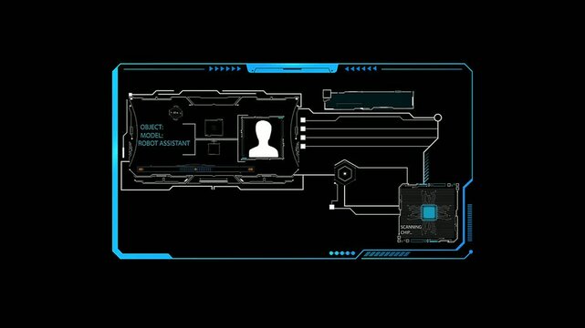 futuristic hud panel digital display overlay scifi, with robot assistant profile and microchip circuit, sci-fi digital interface overlay, on black background composite 4k.