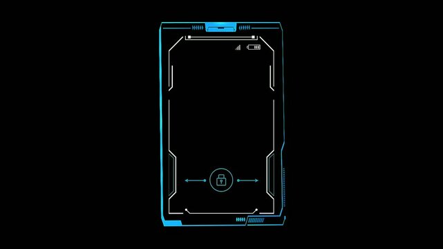 futuristic smartphone lock screen, hud frame with padlock icon, sci-fi mobile interface overlay, on black background composite 4k.