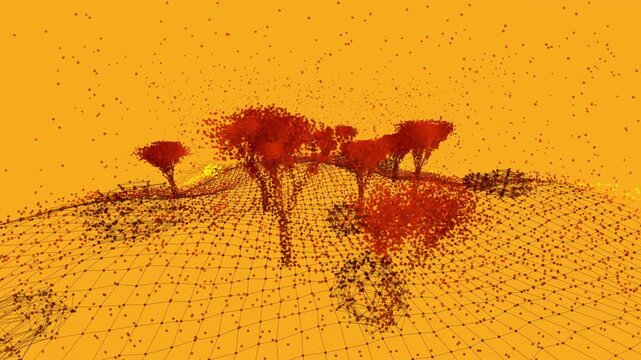 Lidar point cloud trees and wireframe topological grid surface scatter dark amber particles over a warm yellow backdrop in a 3D animation