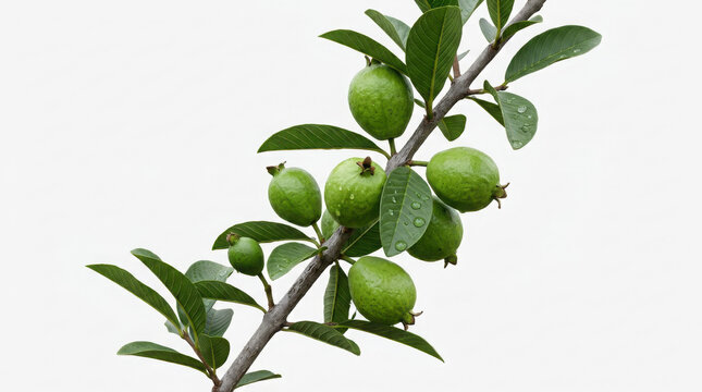 Fresh green guava fruits hanging on tree branch with leaves against a generated using ai