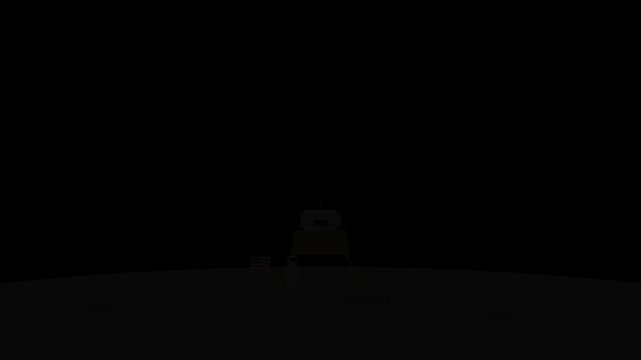 Stylized moon landing animation showing a lunar module descending and landing on the moon surface with Earth visible in the starry space background, representing lunar exploration, space missions, and