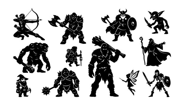 Medieval Fantasy Characters Elf Orc Goblin Mage Black Silhouette Collection
