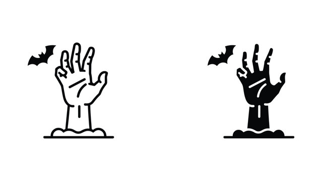 Spooky zombie hand reaching from grave with bat vector icon set