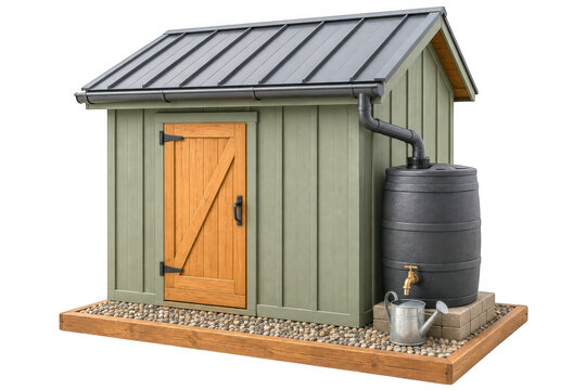 Green garden shed with rain barrel and watering can isolated