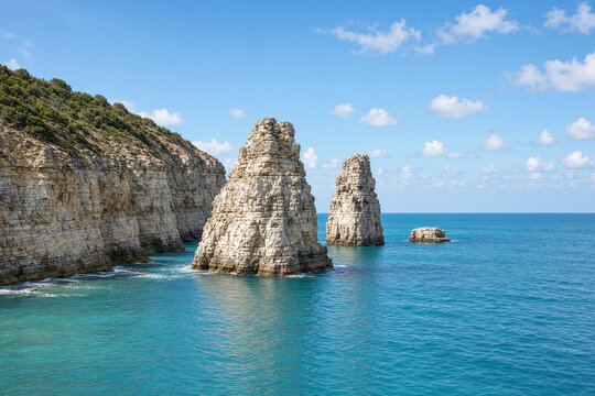 Limestone sea stacks and cliffs along a turquoise coast on a calm sunny day