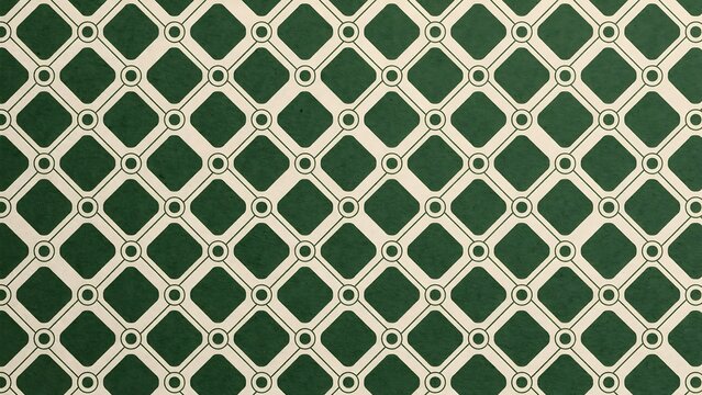 Seamless geometric pattern with rounded squares and circles in dark green and cream colors