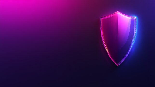 Neon shield icon featuring glowing pink and blue light effects on dark background for cyber security concept illustration