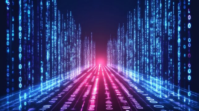 Abstract digital tunnel featuring glowing binary code streams of data flowing in futuristic cyber space network environment concept