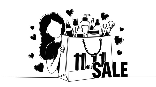 Monochrome flat vector illustration of a woman peeking from behind a large shopping bag filled with beauty cosmetics and skincare products for 11.11 mega sale event with floating hearts.