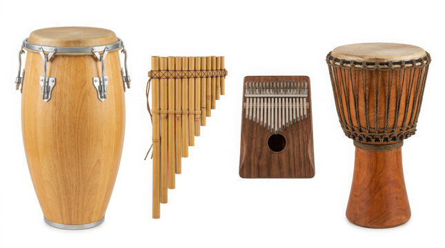 Four different traditional acoustic musical instruments lined up on a clean generated using ai
