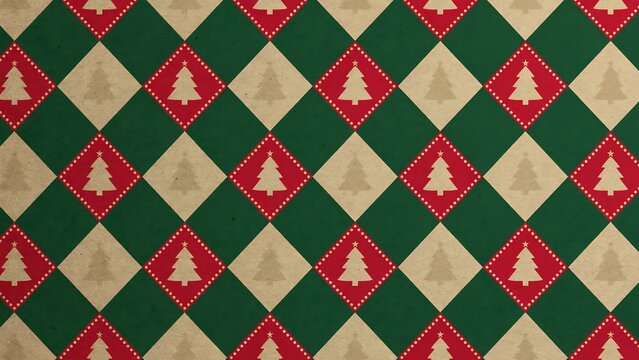 Seamless christmas pattern with red diamonds containing white trees and green diamonds on a vintage paper background